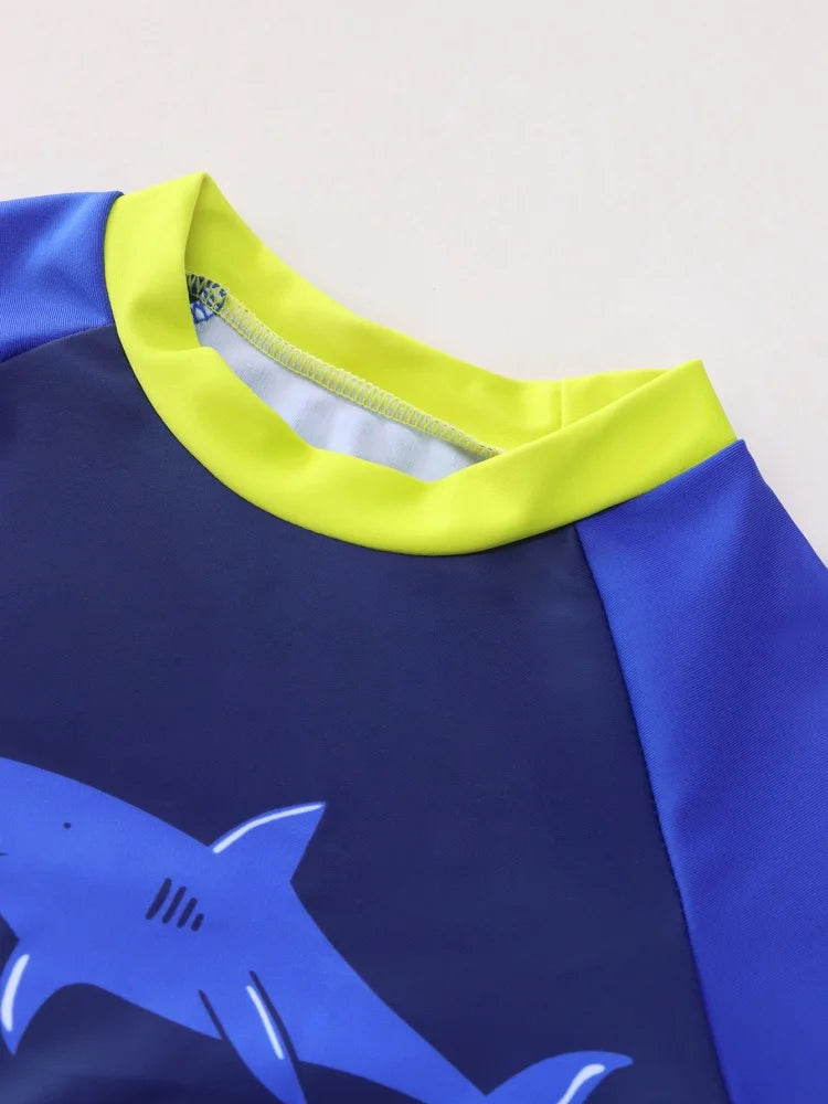 Boy Kids Swimsuit Blue Cartoon Shark Long Sleeve Children Swimwear Summer Split 2 Piece Beachwear Bathing Suit Swimming