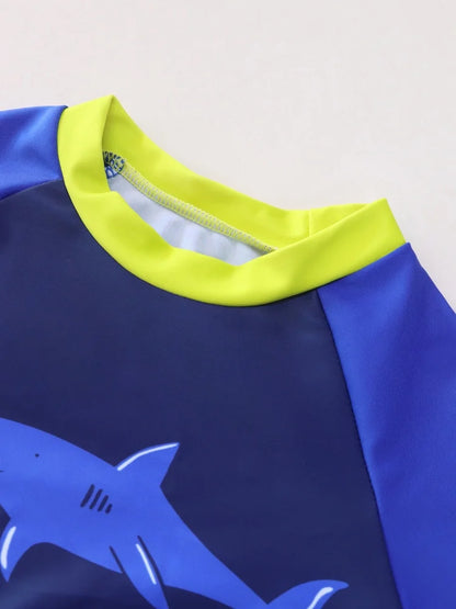 Boy Kids Swimsuit Blue Cartoon Shark Long Sleeve Children Swimwear Summer Split 2 Piece Beachwear Bathing Suit Swimming