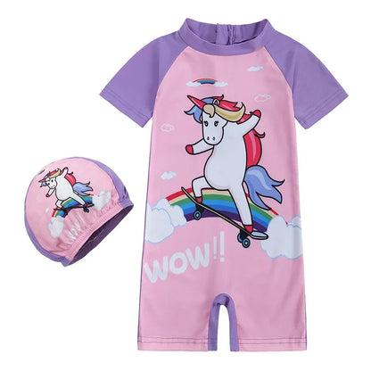 Baby Boys Girls 2pcs Summer Beach Swimwear Print Cartoon Cap+Bodysuit Infant Suit Outfit Bathing Swimsuit