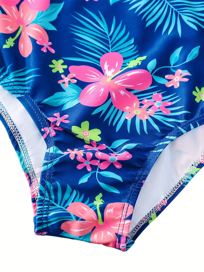 One-Piece Swimsuit Girls Floral Print Asymmetrical Cascading Ruffles Summer Cross Strap Backless Swimwear Bikini-Cut Swim Suit