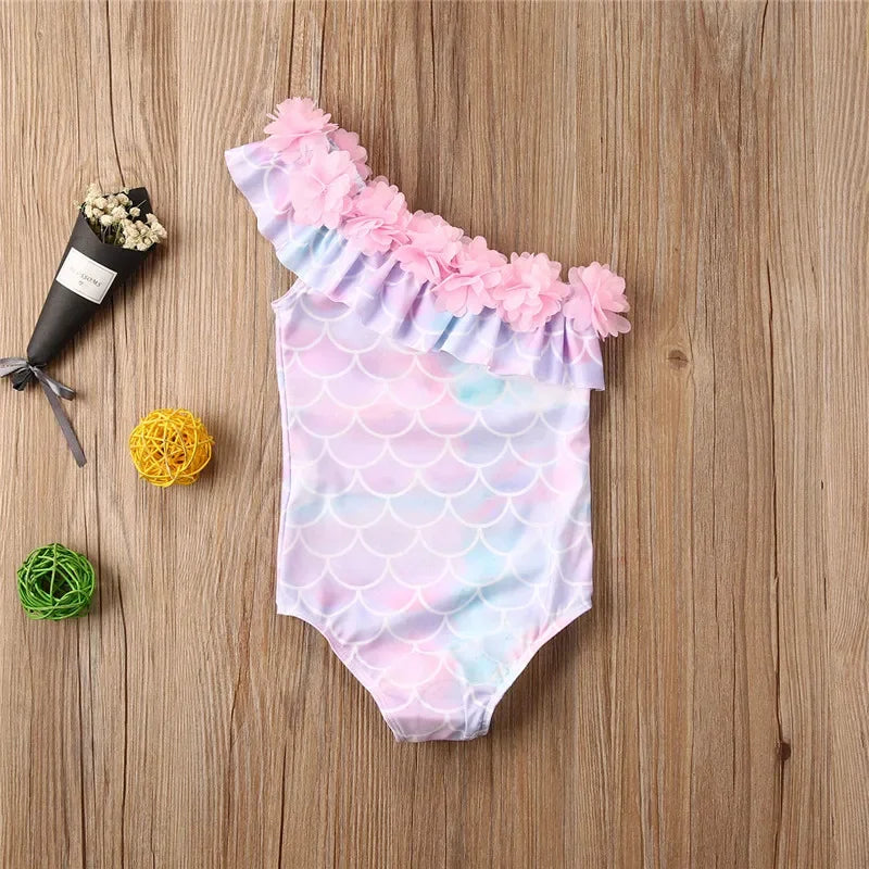 Baby Girls  Bathing Suit Sleeveless Fish Scale Print Swimsuit Ruffle Flower Neckline Swimwear
