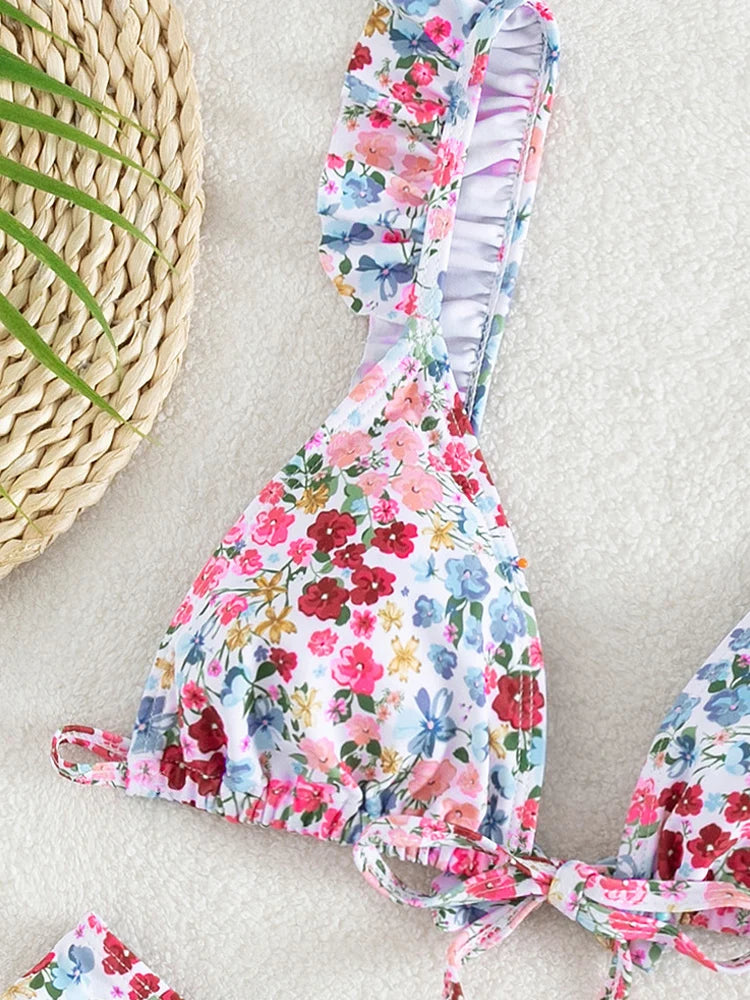 Floral Print Verge Strapped Bikini Set Tied Push UP Swimsuit High Waist Swimwear Women Backless Beach Bathing Suit