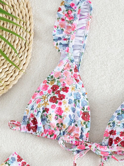 Floral Print Verge Strapped Bikini Set Tied Push UP Swimsuit High Waist Swimwear Women Backless Beach Bathing Suit