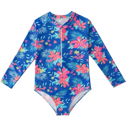 European And American Style Girls One-piece Swimsuit 4-12Years Kids Long Sleeves Broken Flowers Print Bathing Suit