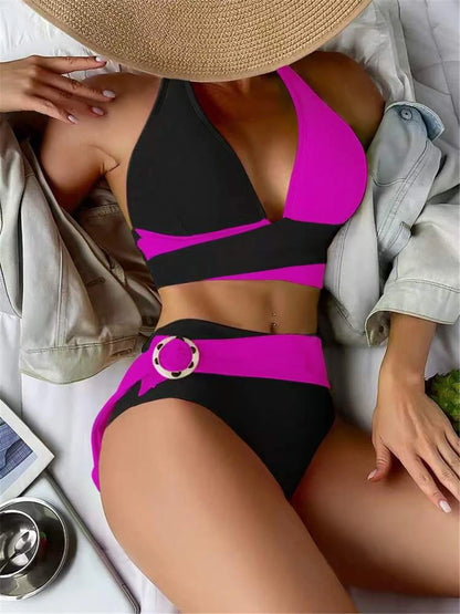 Halter Bikini  Criss Cross Solid Swimsuit High Waist Swimwear Female Bathers Bathing Swimming Suit Padded Beachwear