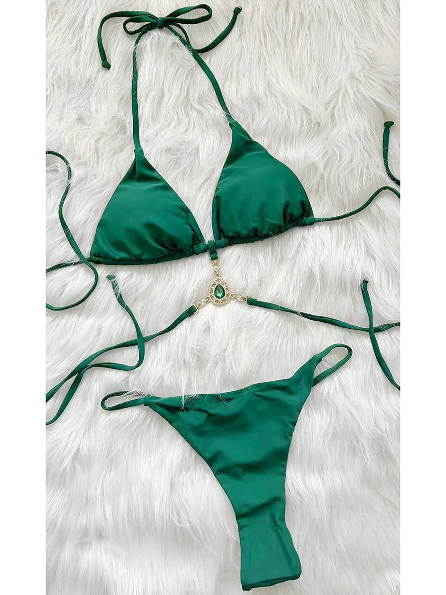 Halter Rhinestone Diamond Bikini Women Micro Thong Swimwear Female Swimsuit Two Pieces Bikini Set Satin Bathing Suit Swim Lady