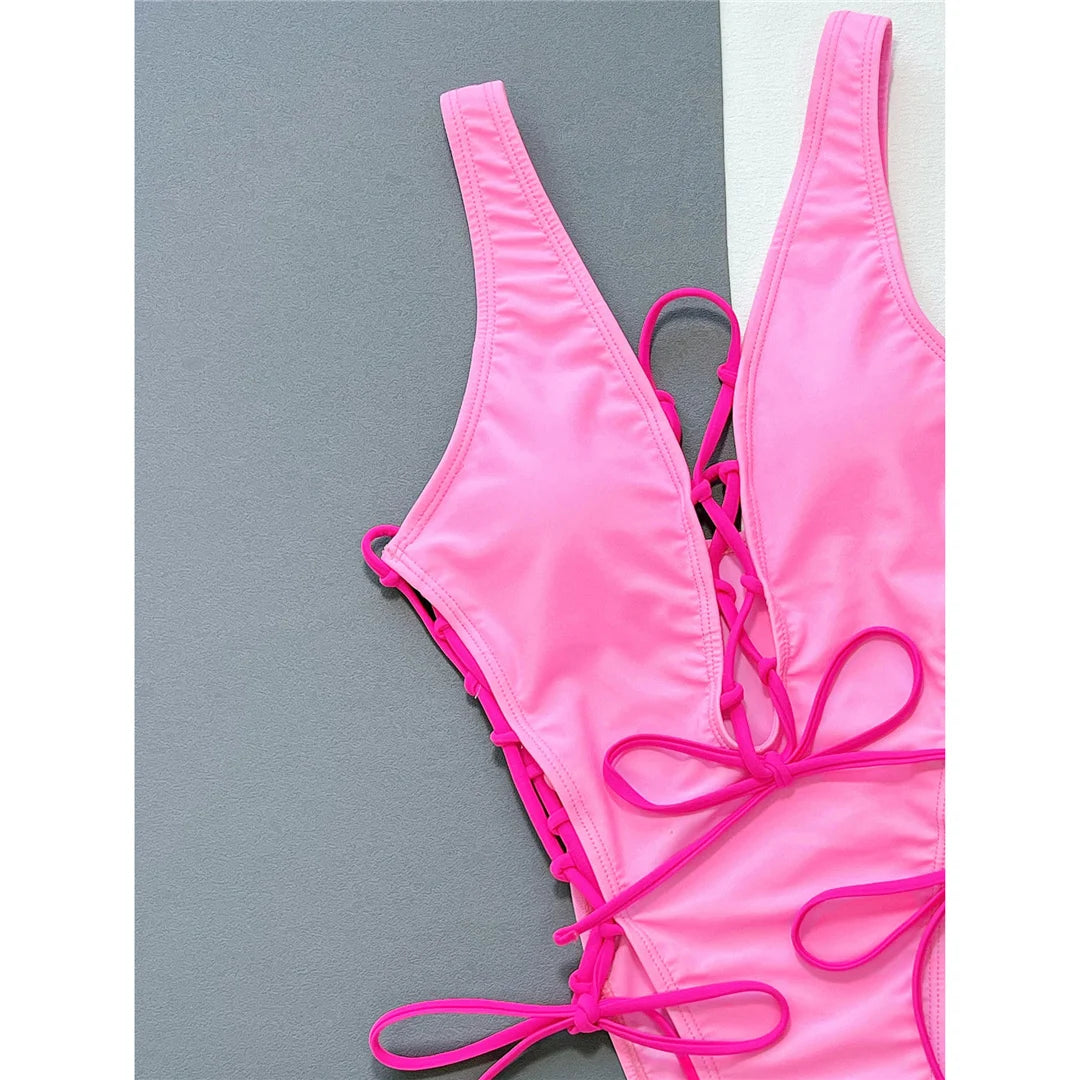 Deep V Neck Lace Up High Leg Cut Women Swimwear One Piece Swimsuit Female Wrap Around Monokini Bather Bathing Suit Swim