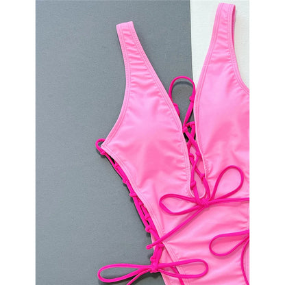 Deep V Neck Lace Up High Leg Cut Women Swimwear One Piece Swimsuit Female Wrap Around Monokini Bather Bathing Suit Swim
