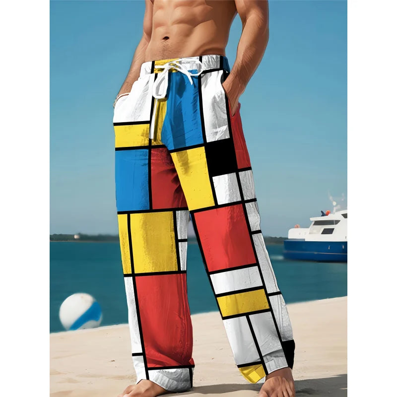 Mens Drawstring Trousers Relaxed Comfortable Geometric Patterned Loose Fit Pants With Elastic Waist  Casual Summer Daily Wear