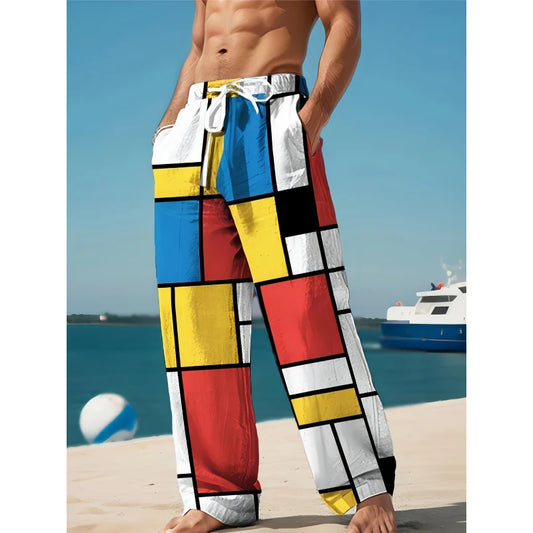 Mens Drawstring Trousers Relaxed Comfortable Geometric Patterned Loose Fit Pants With Elastic Waist  Casual Summer Daily Wear