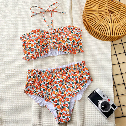 Flowers Printed Bandeau Female Swimsuit High Waist Bikini Women Swimwear Two-pieces Bikini set Bather Bathing Suit Swim