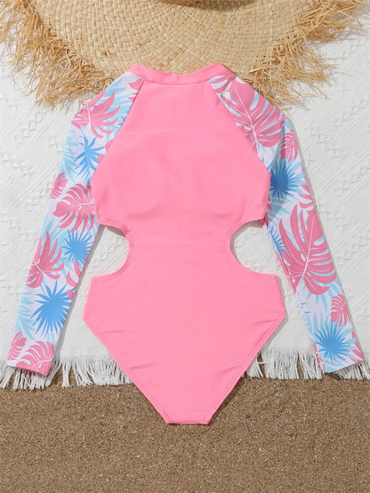 One Piece Girls Swimsuit Pink Print Long Sleeve Children Swimwear Summer Hollow Out Kids Beach Swimming Bathing Suit