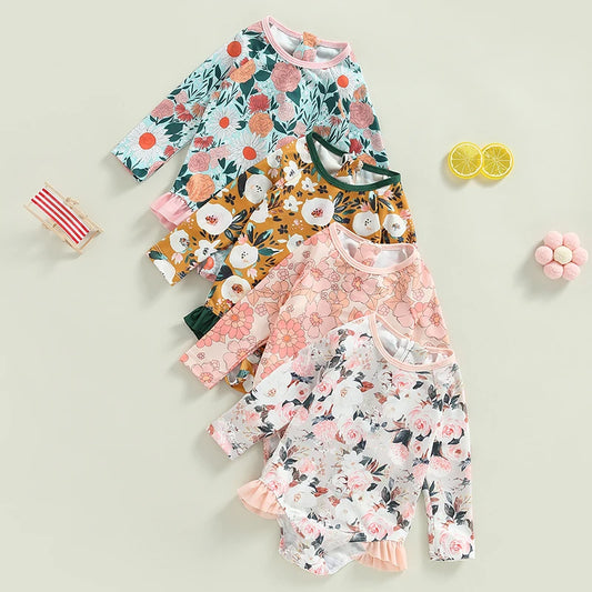 0-4Y Toddler Baby Girl Swimsuit Romper 4 Colors Flower Print Long Sleeve Ruffle Bikini Bathing Suit
