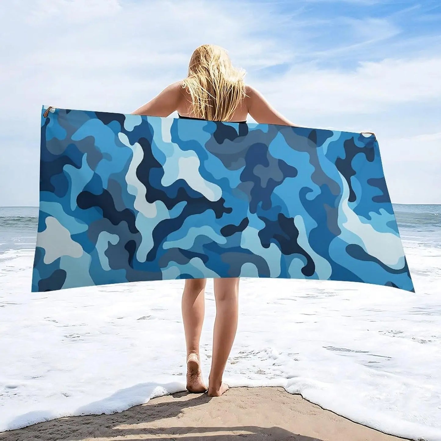Blue camouflage pattern beach towel Oversized microfiber towel pool bath towel Lightweight for swimmers