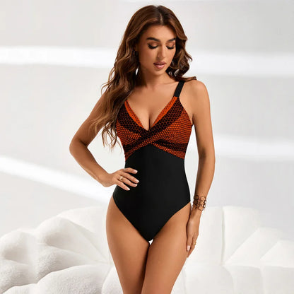 Color Top Dot Design Cross-style Spliced Backless One-piece Swimsuit for Women Bathers
