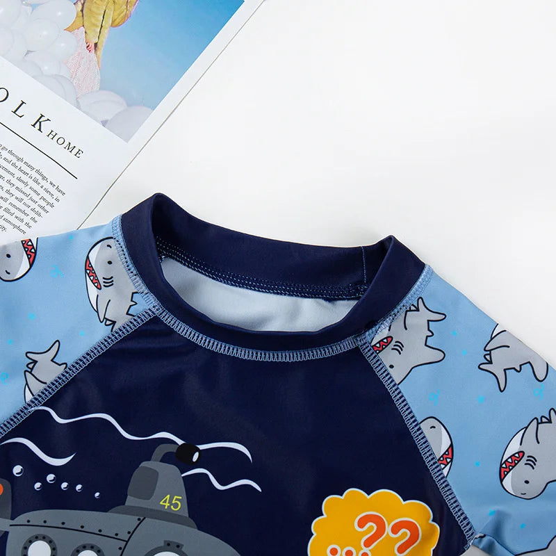 3PCS Kids Boys Summer Swimwear Bathing Suit Long Sleeve Shark Print Swimsuit Set Cute Tops with Bottoms Swimming Cap
