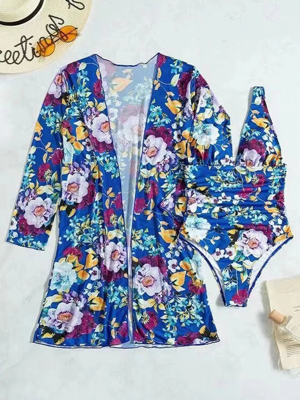 One Piece V-neck Tropical Print Swimsuit With Cover Up Swimwear Women Beach Wear Female Bathing Swimming Swim Suit Summer