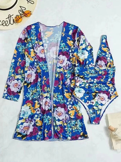 One Piece V-neck Tropical Print Swimsuit With Cover Up Swimwear Women Beach Wear Female Bathing Swimming Swim Suit Summer