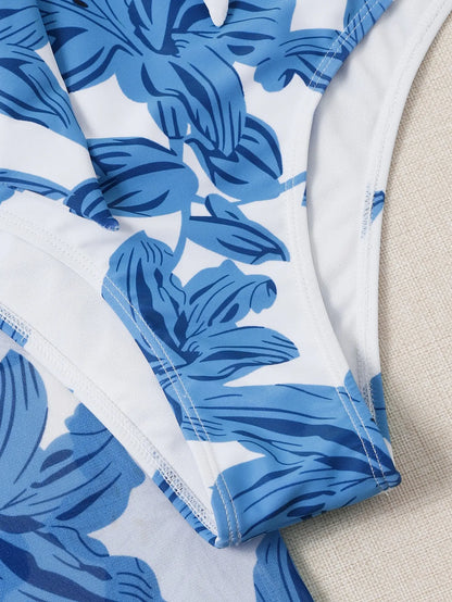 3 Pieces Floral Print Knot Front Bikinis Women Ruffle Swimwear Female High Waist Swimsuit With Beach Skirt Bathing Suit