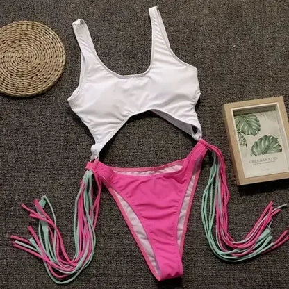 Splicing High Cut Out One Piece Swimsuit Women Tassel Swimwear Female Bathing Suit String Leopard Bikini Monokini Lady
