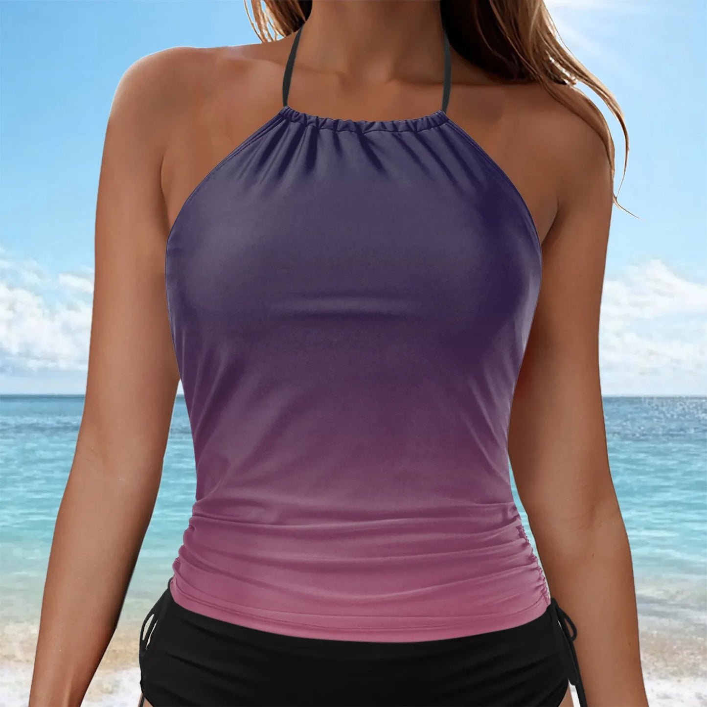 Women's Gradient Tankini Swimsuit Hanging Neck Cover Tummy Suspender Tops Mid Waist Side Tie Solid Color Shorts Holiday Wear