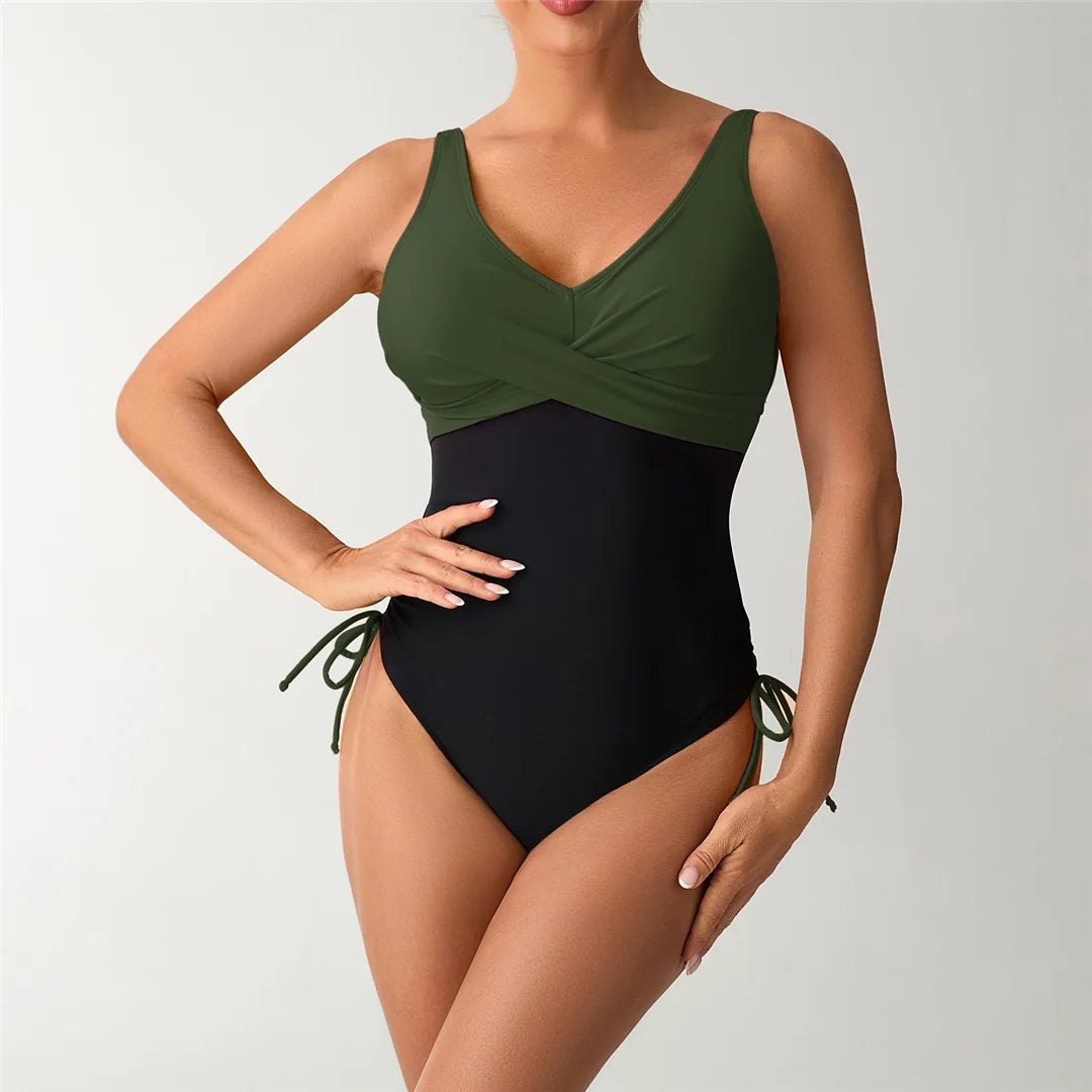 S - XXL Splicing V Neck Backless Women Swimwear One Piece Swimsuit Female High Leg Cut Padded Bather Bathing Suit Swim
