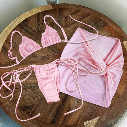 Beads Bikini Women Swimsuit Female Swimwear Micro Bikini Set Bandeau Swimming Suit Beachwear Pink Brazilian Biquini