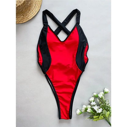 Splicing V Neck Cross Back Women Swimwear One Piece Swimsuit Female High Leg Cut Monokini Bather Bathing Suit Swim