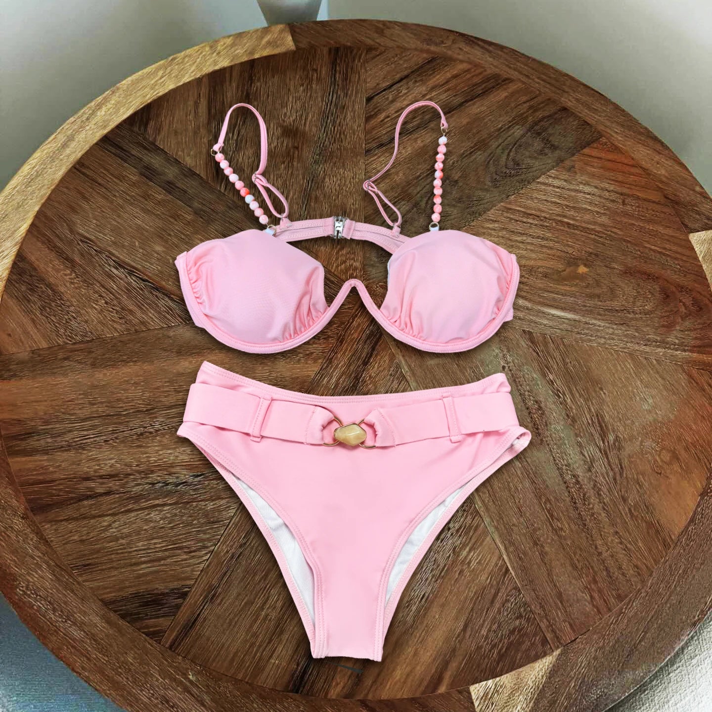 Beads Bikini Women Swimsuit Female Swimwear Micro Bikini Set Bandeau Swimming Suit Beachwear Pink Brazilian Biquini