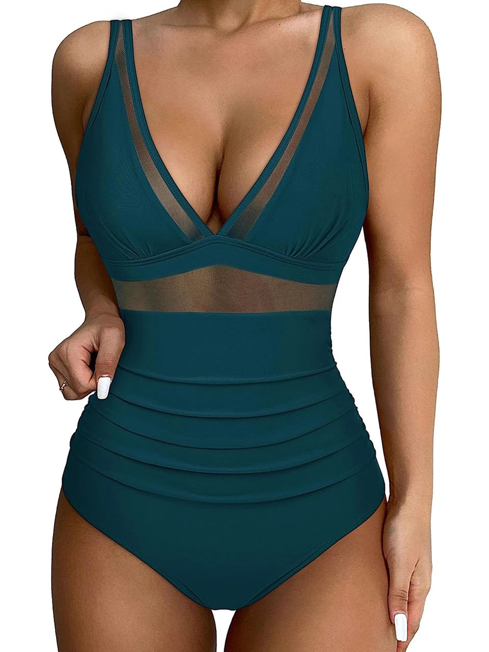 Mesh Panel Swimsuit One Piece High Cut Swimwear Women Solid Bathers Bathing Suit Female Backless Swimming Beachwear