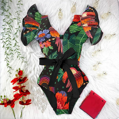 Ruffle Print Floral One Piece Strappy With Belt Swimwear Women Swimsuit Bathing Suit Backless Beachwear Monkini