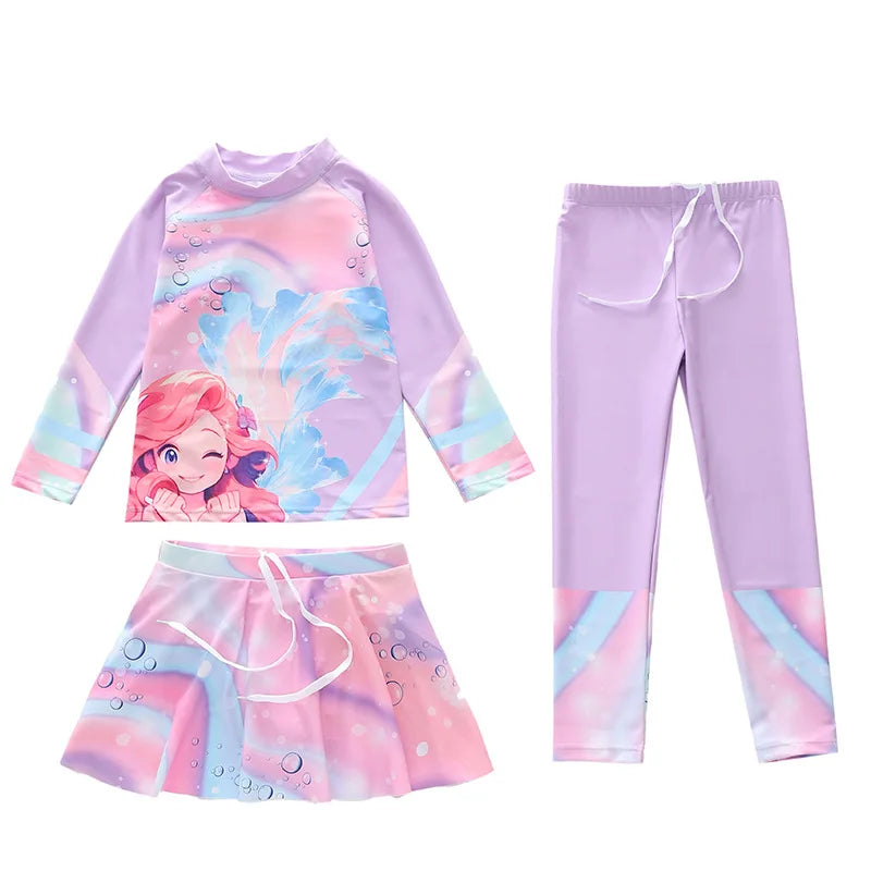 Swimsuit for Children Long Sleeve Rash Guard Swim Skirt and Surf Pant Set Sunscreen UV Protection Beach Kids Bath Clothes Girl