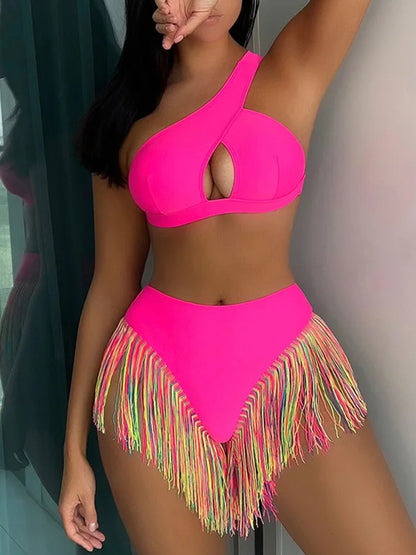 Fringe Tassel One Shoulder High Waist Bikini Women Swimwear Female Swimsuit Two-pieces Bikini Set Hollow Out Bathing Suit Swim