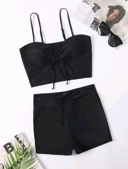 Drawstring Front Shorts Bikinis High Waist Swimsuit Women Swimwear Female Bathers Bathing Swimming Swim Suit Beachwear