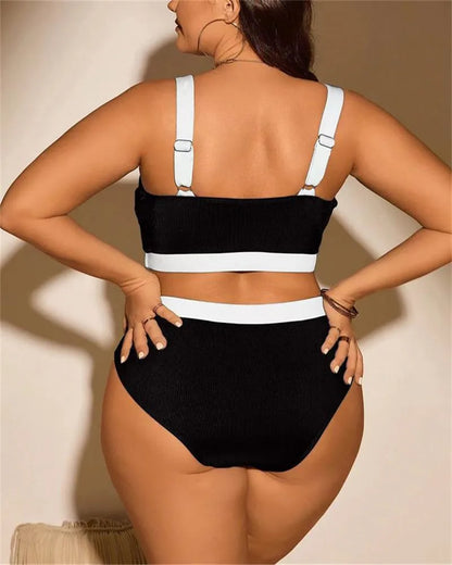 Solid Patchwork Two Pie Plus Size Bikini Women High Waist Large Swimsuit Lady Swimwear Beach Curvy Bathing Suit