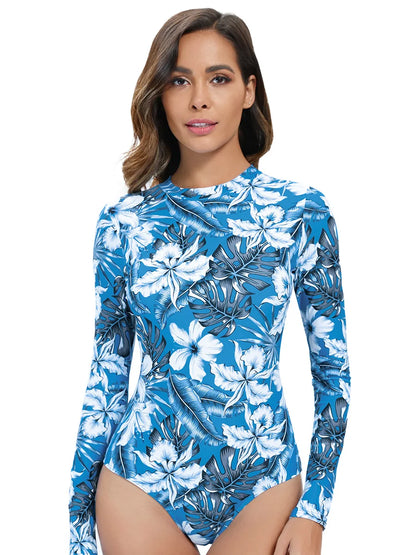 Floral Print Long Sleeve Rash guard Women's Backless Surf Swimsuit with High-Cut Leg UPF 50+
