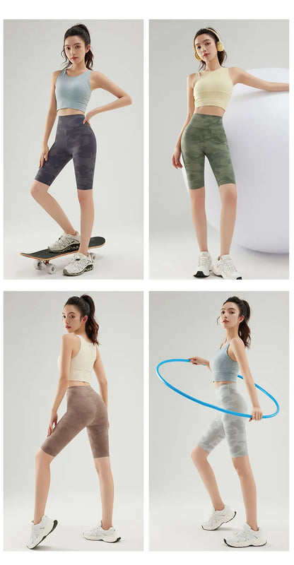 BIVIGAOS Summer Camouflage Green Sharkskin Biker Shorts Knee Length Short Leggings Women Casual Sports Cycling Shorts