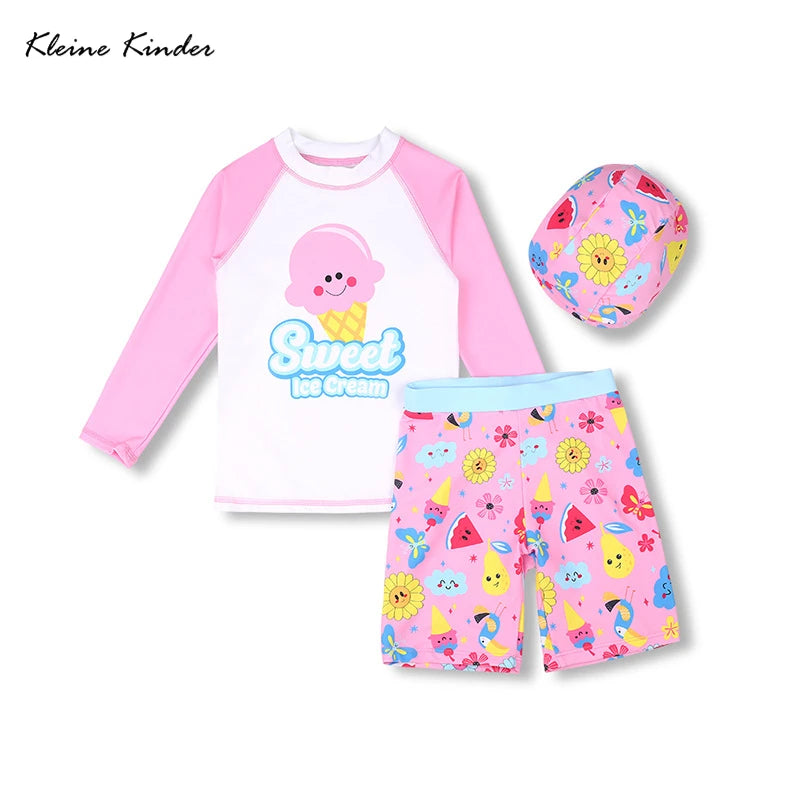 Girls' Long-Sleeve Rash Guard Set with Shorts & Cap