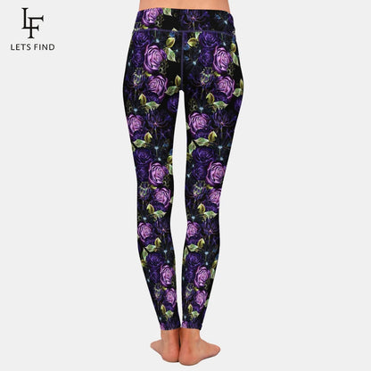 Beautiful Purple Rose Print High Waist Fitness Leggings Fashion Soft Fitness Stretch Leggings