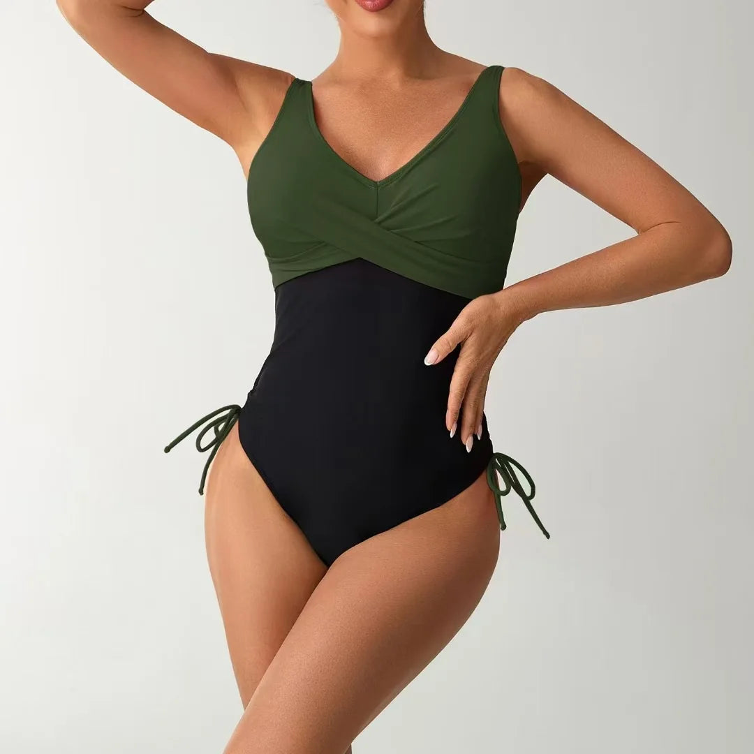 S - XXL Splicing V Neck Backless Women Swimwear One Piece Swimsuit Female High Leg Cut Padded Bather Bathing Suit Swim