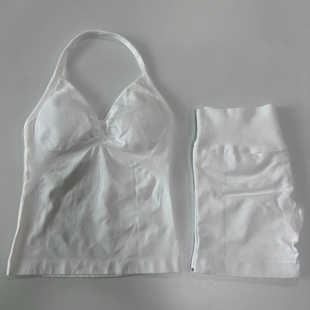 2Pcs Gym Set Women Backless Tank Tops High Waist Scrunch Seamless Shorts Gym Suit Fitness Clothes Activewear Workout Set