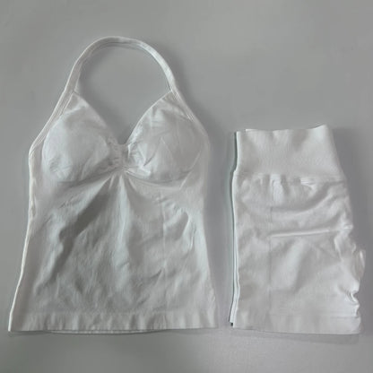 2Pcs Gym Set Women Backless Tank Tops High Waist Scrunch Seamless Shorts Gym Suit Fitness Clothes Activewear Workout Set