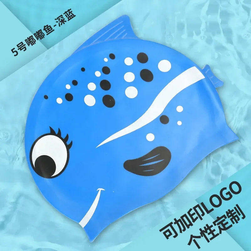 Children's Swimming Caps Waterproof Cartoon Swimming Cap for Boys and Girls Universal Cartoon Fish Shaped Soft Silicone Swim Cap