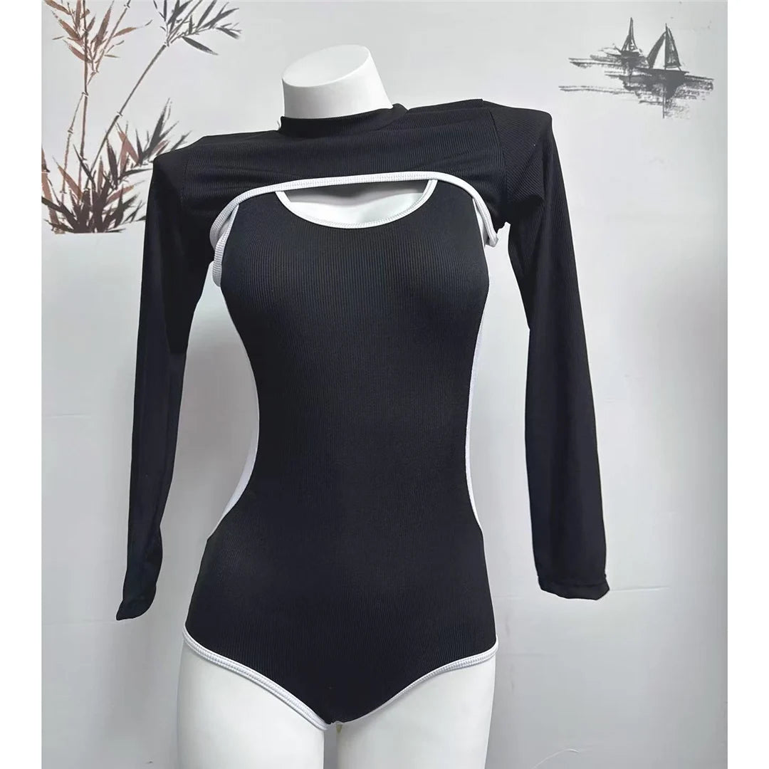 Long Sleeve Cover Up Splicing One Piece Swimsuit Women Swimwear Female Ribbed Backless Bather Bathing Suit Swim