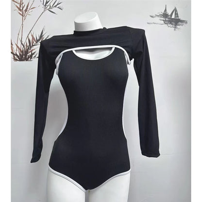 Long Sleeve Cover Up Splicing One Piece Swimsuit Women Swimwear Female Ribbed Backless Bather Bathing Suit Swim