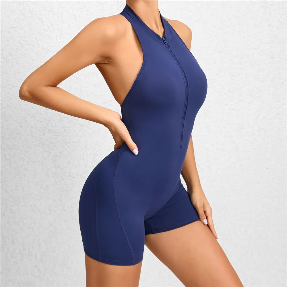 Women's Deep-V Zip-Front Open-Back Workout Playsuit