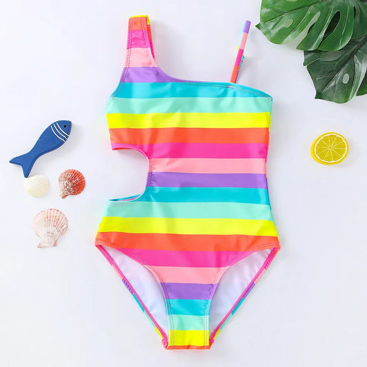 Girls One Piece Swimsuits Rainbow Print Backless Swimwear for Children Summer Kids Bathing Suits Bikinis 2-8 Years Children