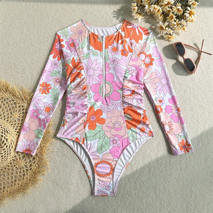Rash Guard Flowers Printed Long Sleeve Racing Women Swimwear Female With Zipper Wrinkled Bather Bathing Suit Swim One Piece Swimsuit