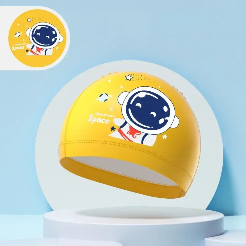 Children's Swimming Caps Boys Girls Kids Cartoon Swim Hat High Elastic Ear Protection PU Waterproof Swimming Cap