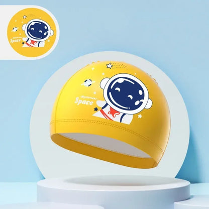 Children's Swimming Caps Boys Girls Kids Cartoon Swim Hat High Elastic Ear Protection PU Waterproof Swimming Cap